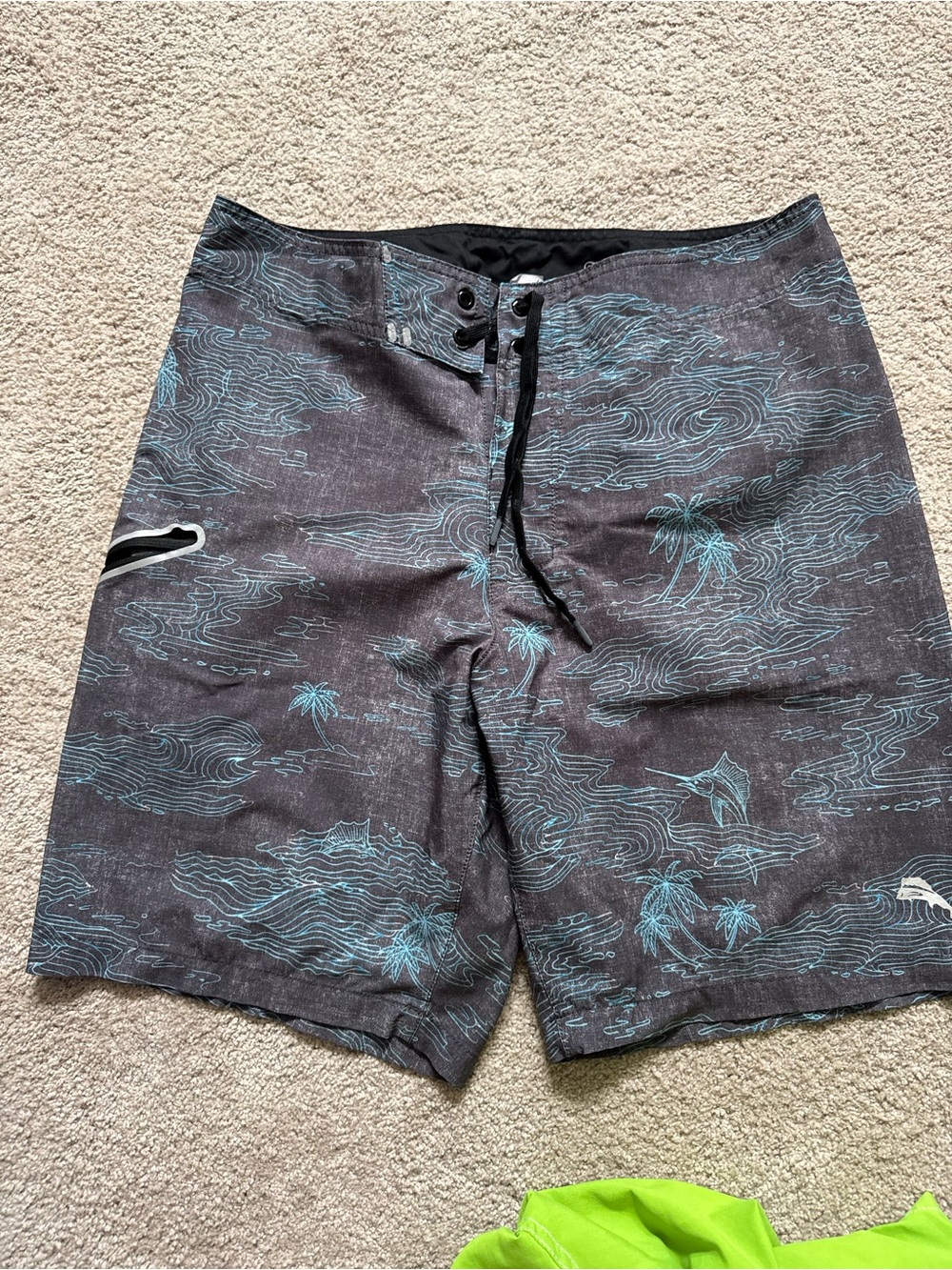 Tommy Bahama Black Swim Board Shorts with Teal Wave and Palm Print